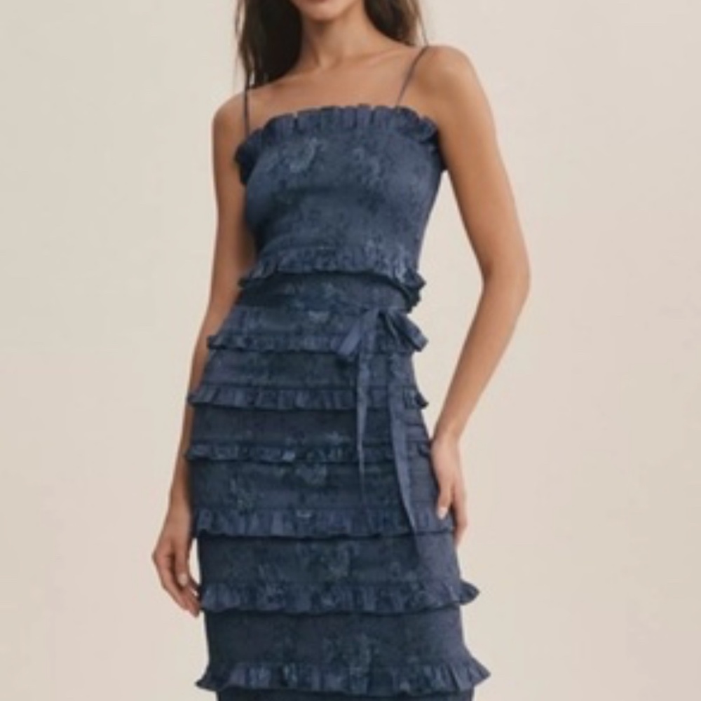 V. Chapman Lily ruched & stretch satin midi dress-navy boquet